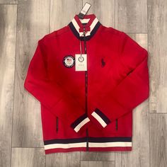 New Polo Ralph Lauren 2018 Olympics Jacket, Sweatshirt Material, Very Soft Casual Red Collared Outerwear, Red Long Sleeve Outerwear With Ribbed Cuffs, Red Crew Neck Outerwear For Spring, Red Cotton Casual Track Jacket, University Red Casual Outerwear For Fall, Casual Red Cotton Track Jacket, Casual University Red Outerwear For Fall, Casual Red Cotton Outerwear, Casual University Red Track Jacket For Winter