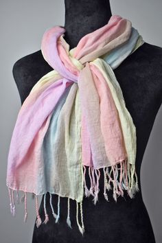 Pastel colored hand-painted cotton scarf on a mannequin Pastel Scarf, Fringe Fabric, Black And White Scarf, Hand Painted Scarves, Merino Wool Scarf, Painted Scarf, White Scarf, Cotton Scarf, Pastel Hues