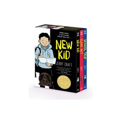 the new kid library set includes three books, including one with a young boy holding a book