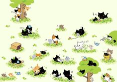 cats and dogs are playing in the grass near a tree with their names on it