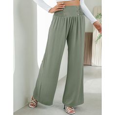 Pea Green Button Detail High Waist Wide Leg Pants High Waist Wide Leg Pants, Cool Buttons, Woman Weaving, Pleated Fabric, Self Design, Pantalon Large, Work Wardrobe, Pants Pattern, Button Detail