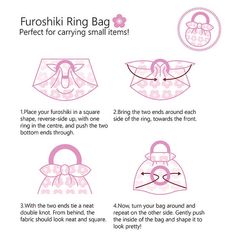 instructions for how to make a ring bag with bows and ribbon on the front, in pink