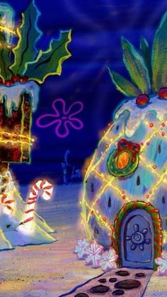 an animated christmas scene with a pineapple shaped house and candy canes on the ground