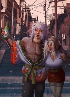 two anime characters are walking down the street with drinks in their hands and one is holding a beer bottle