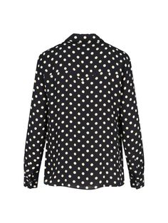 Aspesi black silk polka dot shirt with all-over contrasting polka dot pattern, French collar, snap button closure, button cuffs, two flap pockets with snap button on the chest, curved hem. Composition: 100% Viscose Polka Dot Button-up Blouse For Work, Long Sleeve Polka-dot Blouse With Button Closure, Polka Dot Blouse With Button Closure For Workwear, Polka Dot Long Sleeve Blouse With Button Closure, Polka Dot Shirt With Button Closure For Work, Polka Dot Long Sleeve Blouse For Work, Polka Dot Long Sleeve Shirt For Workwear, Polka Dot Collared Blouse For Work, Polka Dot Collared Blouse With Button Closure