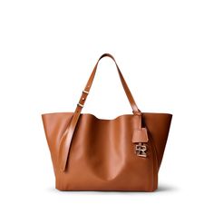 a brown leather tote bag on a white background