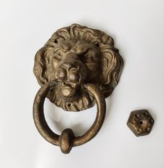 a door knockle with a lion's head on it and two smaller knobs