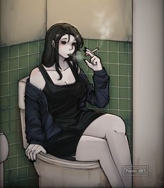 a woman sitting on top of a toilet in a bathroom next to a green tiled wall