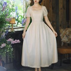 A beautiful, fleeting, sweet romance. A retro dress with a dreamy shimmer. The neckline and cuffs are decorated with lace embroidery. An item that gives a sophisticated and classic impression. 
 
 Size 
 
 S size 
 
 Length: 121cm 
 Shoulder width: 35cm 
 Bust: 86cm 
 Waist: 70cm 
 Sleeve length: 23cm 
 
 M size 
 
 Length: 122cm 
 Shoulder width: 36cm 
 Bust: 90cm 
 Waist: 74cm 
 Sleeve length: 23.5cm 
 
 L size 
 
 Length: 123cm 
 Shoulder width: 37cm 
 Bust: 94cm 
 Waist: 78cm 
 Sleeve length Formal Tea Length Dress With Lace Trim, Formal Tea-length Dress With Lace Trim, Beige A-line Lace Dress With Lace Trim, Lace Patchwork Puff Sleeve Dress, Lace Dress With Puff Sleeves And Lace Patchwork, Fitted Tea-length Lace Dress With Lace Trim, Elegant Vintage Puff Sleeve Wedding Dress, Classic Dress With Lace Trim And Fitted Bodice, Feminine Midi Dress With Lace Collar