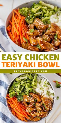 easy chicken teriyaki bowl with carrots, broccoli and rice in it