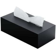 a tissue dispenser sitting on top of a black box with white tissue