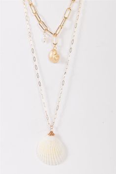 Gold Double Thick & Thin Chain With Ivory Real & Gold Faux Shell Necklace/3 Pieces Trendy Beach, Shell Necklace, Beach Vibes, Shell Necklaces, Paper Clip, Real Gold, Lobster Claw, Chain Necklace, Shells