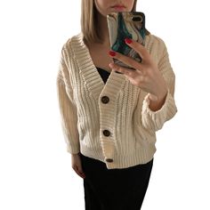 Beige Chunky Open Front Button Cardigan Oversized Beige Cardigan With Button Closure, Beige Winter Cardigan With Buttons, Winter Beige Buttoned Cardigan, Cozy Beige Cardigan With Buttons, Cozy Beige Buttoned Cardigan, Cozy Beige Button-up Sweater, Trendy Chunky Knit Button-up Cardigan, Beige Buttoned Cardigan For Fall, Trendy Beige Cardigan With Button Closure