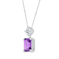 A dreamy amethyst and a hint of sparkle make this necklace a fabulous complement to her style. Crafted in 10K white gold An emerald-cut amethyst makes a big impression, dangling from a round-cut white lab-created sapphire The pendant suspends along an 18-inch rope chain that secures with a spring ring clasp Purple Prong Setting Formal Necklaces, Purple Necklace With Prong Setting For Anniversary, Purple Prong Set Necklace For Anniversary, Elegant Purple Necklace With Prong Setting, Fine Jewelry Amethyst Necklace With Prong Setting, Fine Jewelry Amethyst Necklace In Prong Setting, Fine Jewelry Amethyst Necklaces With Prong Setting, Purple Amethyst Necklace With Prong Setting, Purple Amethyst Necklace With Diamond Accents