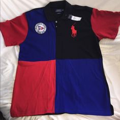 Nwt Men’s Authentic Embroider Two Button Collar Short Sleeve Shirt. Naval Base Patch And With Detailed Patch Color Shirt Typical Polo Heavy Gauge Cotton Material With A Little Streach To Flex Those Muscles. Back Of Shirt Is Black, Sleeves Are Red And Fron Has The Blue, Red And Black Square Design. Super Nice. All Sales Are Final... No Refunds Or Returns. Smoke And Pet Free Storage. Thank You For Shopping In My Closet. Black Polo Collar Top With Patchwork, Black Patchwork Button-up Top, Red Patchwork Button-up Tops, Red Collared Polo Shirt With Button Closure, Fitted Black Polo Shirt With Buttons, Ralph Lauren Shirts Men, Blue Couch, Black Sleeves, Polo Ralph Lauren Shorts