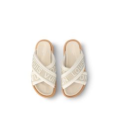 LOUIS VUITTON® - Lv Bliss Comfort Mule - Ecru Lv Slides Women, Lv Sandals Women, Pink Louis Vuitton Shoes, Louis Vuitton Flip Flops, Louis Vuitton Lock It Flat Mule, Louis Vuitton Sandals 2022, Louis Vuitton Slides, Louis Vuitton Slides Fur, Louis Vuitton Gifts