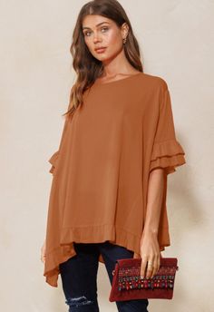 One size Chic Short Sleeve Tops For Brunch, Chic Tops For Day Out, Chic Tops For Brunch In Fall, Chic Solid Color Blouse For Day Out, Chic Tops For Fall Brunch, Chic Fall Tops For Brunch, Elegant Solid Color Tops For Brunch, Chic Solid Color Top For Layering, Spring Brown Solid Color Blouse