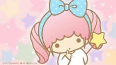 a cartoon girl with pink hair holding a star in her hand and wearing a blue bow