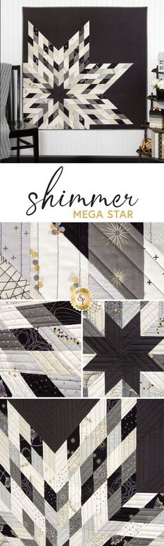 an image of a black and white quilt with the words shiner mega star on it