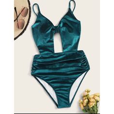 Nwot Dark Teal Blue Crushed Velvet One Piece Cutout Bikini, With Side Ruching. Ultra Flattering And Soft Green Ruched Swimwear For Party, Party Swimwear With Ruched Triangle Top, Party Triangle Top Ruched Swimwear, Ruched Swimwear For Party During Beach Season, Blue Ruched Swimwear For Party, Velvet One Piece, Blue Crush, Dark Teal, Crushed Velvet