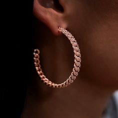 Introducing the Diamond Prong Hoop Earrings in 14k Rose Gold. Available in four different sizes and three colors, we took your favorite chain and bracelet and transformed them into finely detailed hoops! Featuring a micro cuban link pattern and covered in hand-set stones, these earrings are perfect for every occasion. Complete the matching set with the Micro Diamond Prong Chain and Bracelet in Rose Gold! This product is guaranteed for life – GLD will repair or replace the item should you experie Pink Gold Cubic Zirconia Jewelry With Prong Setting, 14k Rose Gold Jewelry With Vvs Clarity, 14k Rose Gold Fine Jewelry Hoop Earrings, Gold Jewelry With Prong Setting In 14k Rose Gold, 14k Rose Gold Hoop Earrings Fine Jewelry, Fine Jewelry In Pink Gold With Diamond Cut, 14k Pink Gold Jewelry With Prong Setting, 14k Rose Gold Hoop Earrings, Luxury Rose Gold Diamond Cut Hoop Earrings