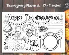 a thanksgiving placemat with the words happy thanksgiving on it and an image of turkeys,