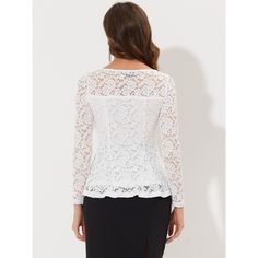 Elevate your wardrobe with this stunning peplum blouse that flatters your figure and adds an air of elegance to your essentials. This lace peplum top is a true beauty, featuring a peplum waist, a front keyhole, and intricate floral prints that are bound to turn heads. It is perfect for any occasion, including weddings, parties, cocktails, and more. You can pair it with your favorite jeans, pants, or skirts to complete a chic and sophisticated look. The fabric is not only stunning but also soft, Fitted Lace Trim Top For Work, Fitted Tops With Lace Sleeves For Work, Fitted Top With Lace Sleeves For Work, Elegant White Tops With Scalloped Lace, Elegant Fitted Long Sleeve Peplum Top, Formal Long Sleeve Blouse With Scalloped Lace, Spring Formal Tops With Scalloped Lace, Elegant Fitted Tops With Lace Patchwork, Formal Spring Tops With Scalloped Lace