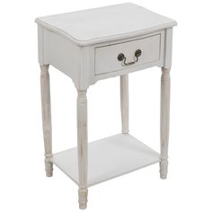 a small white table with two drawers on one side and an open drawer on the other