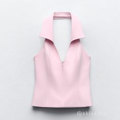 New With Tag Brand Zara Zara S/S ‘24 Collection Fitted Shirt Style Halter Top With V-Neck. Open Back. Side And Front Hidden In-Seam Zipper. Pastel Pink | 2796/777 Outer Shell 92% Polyester 8% Elastane Lining 100% Polyester Which Has At Least: Outer Shell 92% Rcs-Certified Recycled Polyester 8% Rcs-Certified Recycled Elastane Lining 100% Rcs-Certified Recycled Polyester Certified Materials Rcs Certified Recycled Polyester Nowadays, Recycled Polyester Is Mainly Made From Pet Plastic Waste. This Is Halter Top Blouse, Fitted Spring Blouse With Notched Neckline, Fitted Blouse With Notched Neckline For Spring, Chic Spring Top With Notched Neckline, Chic Tops With Notched Neckline For Spring, Chic Office Tops With Notched Neckline, Chic Notched Neckline Tops For Office, Chic Party Top With Collared Neckline, V-neck Tops For Office Use In Spring