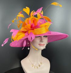 "IF YOU LIKE THE DESIGN, JUST WANT TO ADD SOME COLORS TO MATCH YOUR DRESS, PLEASE FEEL FREE TO CONTACT ME, I WILL HELP YOU. 100% Sinamay, light and comfortable *Wide brim measure Appr 6.5\" brim *The crown is decorated with feather flower. Very beautiful!! *Head girth is 22\"-23\",adjustable string inside can give you the best fit. *Great for Kentucky Derby, Church, Wedding, Tea Party or other special event   Pale pink , gold feathers will be added 💃1. All hats will be sent from Rockville, MD, Fitted Multicolor Wedding Hat, Derby Time, Rockville Maryland, Sinamay Hat, Sinamay Hats, Tea Party Wedding, Wedding Tea, Kentucky Derby Hat, Feather Flower