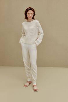 Knitted Ribbed Crew Neck Sweater – NEIWAI Classic Knit Sweater With Ribbed Cuffs, Snug Sweater With Ribbed Cuffs For Loungewear, Ribbed Cashmere Sweater In Relaxed Fit, Cashmere Ribbed Sweater With Relaxed Fit, Relaxed Fit Cashmere Sweater With Ribbed Detail, Relaxed Fit Ribbed Cashmere Sweater, Elegant Soft Knit Sweater For Loungewear, Elegant Soft Knit Loungewear Sweater, Cable Knit Sweater For Loungewear