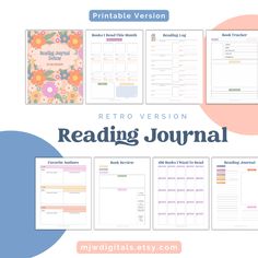 the printable version of the retro version reading journal is shown in three different colors