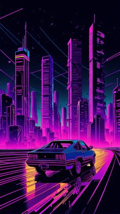 a car driving down a city street in front of tall buildings with neon lights on them