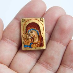 Set of Miniature Hand Painted thin Icon Virgin Mary Jesus Christ Saint Nicholas Christian Religious Talisman Russian Orthodox Old Fashion Christmas Tree, Mini Masterpieces, Icon Painting, Kutch Work Designs, Christian Icons