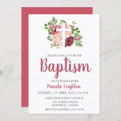 Design Invitation, Floral Cross, Baptism Girl, Baptism Invitations, Burgundy Floral, Kids Nursery Decor, Kids Stationery