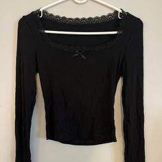 Small Black Long Sleeve Top With Lace Trim Nwot Black Tops Long Sleeve, Trendy Fall Tops From Amazon, Long Sleeve Tops Aesthetic, Clean Goth, Dolly Parton T Shirt, Fall Long Sleeve Shirts, Black Sleepwear, Long Sleeve Black Shirt, Amazon Tops