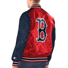 Elevate your style with this Boston Red Sox Varsity jacket. A full wordmark is embroidered across the chest, while their logo is on the right sleeve and their cap design is on the back. This full-snap jacket features a design you've come to expect from Starter and will have you feeling like you're a member of the Boston Red Sox, ready to take the diamond and dominate. Midweight jacket suitable for moderate temperatures Satin fabric Imported Full Snap Embroidered twill appliques Officially licens Red Baseball Collar Outerwear For Sports Events, Red Sports Event Outerwear With Baseball Collar, Collegiate Red Outerwear With Letter Print, Red Collegiate Outerwear With Letter Print, Red Sports Outerwear With Letter Print, Red Letter Print Sports Outerwear, Sporty Embroidered Varsity Jacket, Red Casual Outerwear For Game Day, Red Long-sleeve Outerwear For Game Day