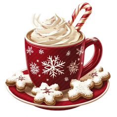 a cup of hot chocolate with marshmallows and candy cane