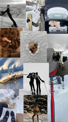 a collage of photos with people skiing and snowboarding