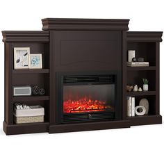 an entertainment center with a fireplace and shelves