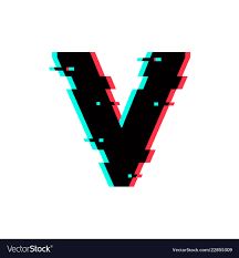 the letter v is made up of squares and dots in red, blue, and black