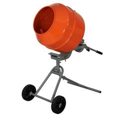 an orange cement mixer sitting on top of a metal stand with wheels and casteors