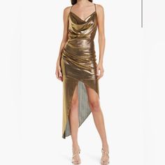 Beautiful Unworn, Slinky And 70s Metallic Gold Dress. Gold Draped Dress, Gold Fitted Disco Dress, Flirty Draped Dress For Night Out, Gold Disco Evening Dress, Flirty Gold Cocktail Dress, Glamorous Draped Mini Dress For Party Season, Gold Draped Party Dress, Glamorous Midi Length Slip Dress For Party, Flirty Bodycon Maxi Dress For Party