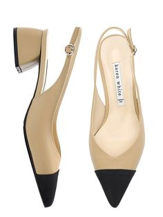 - Color: Beige, Black- Beige color; Toe point that is covered with contrasting colored fabric- Adjustable slingback- Quality leather used - Thick and snug sole for comfortMeasurement- Heel: 1.6- Size: 220-255 (in KR size)- True to the size- Please refer to the size chartComposition&Care- Cow+ Fabric, Nubuck+Fabric- Professional care onlyDesigner- Imported- by KAREN WHITE- Style#:300429942 Leather Slingback Sandals With Contrasting Heel Counter, Leather Slingback Pumps With Contrasting Heel, Leather Slingback Pumps With Contrasting Heel Counter, Leather Open Toe Slingback Pumps With Contrasting Heel, Classic Slingback Pumps With Contrasting Heel For Office, Leather Slingback Pumps With Rubber Heel Cap, Ankle Strap Slingback Pumps With Leather Lining For Work, Beige Slingback Pumps For Office In Summer, Beige Slingback Pumps For Summer Office Wear