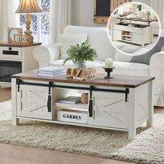 a living room with white furniture and a coffee table in the center, surrounded by rugs