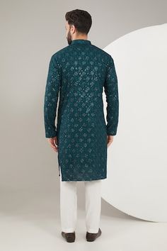 Teal blue chikankari kurta with intricate thread and sequin work in georgette base. Comes with a pant. - Aza Fashions Traditional Blue Kurta With Sequins, Dia Mirza, Kiara Advani, Kareena Kapoor Khan, Madhuri Dixit, Shraddha Kapoor, Luxury Sale, Band Collar, Pants Pattern