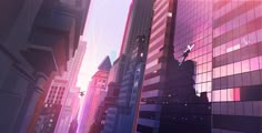 an animated city scene with skyscrapers and birds