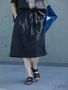 Lasaky - Casual Half-Length Skirt with Literary Cotton and Linen, Elastic Waistband, and Stylish Black Tie Casual Midi Skirt, Midi Skirt Casual, Skirt With Elastic Waistband, Cotton Midi Skirt, Black Linen, Knee Length Skirt, Types Of Skirts, Waist Tie, Black Tie