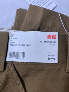 NWT Uni Qlo Work Pants Size 33 Color: brown bag 21t JN Brown Straight Leg Work Pants, Brown Cotton Work Pants, Brown Utility Work Pants With Belt Loops, Fitted Brown Work Pants With Pockets, Brown Chinos With Pockets For Fall, Fall Brown Chinos With Pockets, Brown Fall Work Pants, Brown Workwear Pants With Cargo Pockets, Brown Cargo Work Pants For Fall