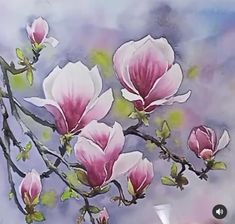 a painting of pink flowers on a tree branch